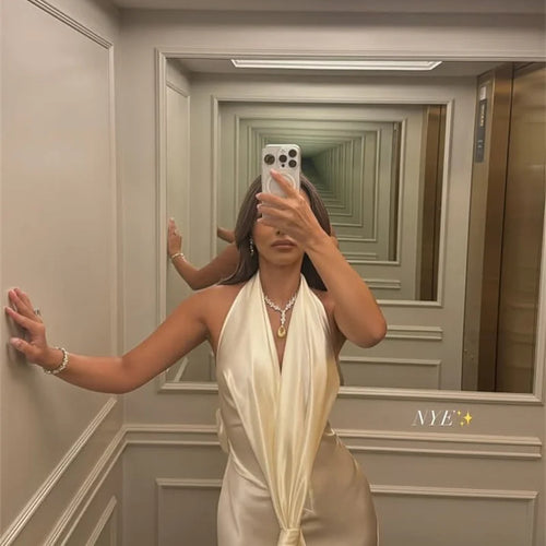 Load image into Gallery viewer, Satin Deep V Neck Backless Sexy Maxi Dress Women Elegant Halter Sleeveless Lace-up High Waist Draped Ruched Long Dress
