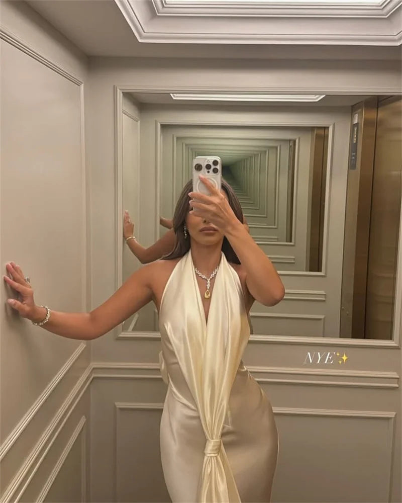 Satin Deep V Neck Backless Sexy Maxi Dress Women Elegant Halter Sleeveless Lace-up High Waist Draped Ruched Long Dress