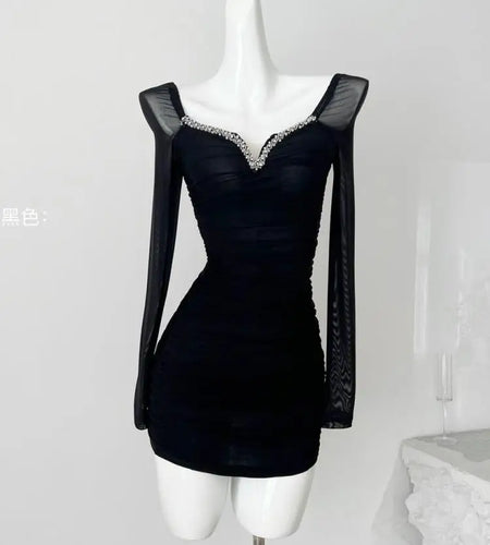 Autumn Vintage Fashion Black Mesh Square Neck Elegant Pleated Short Dress Women Brown Diamonds Long Sleeves Festival Party Dress