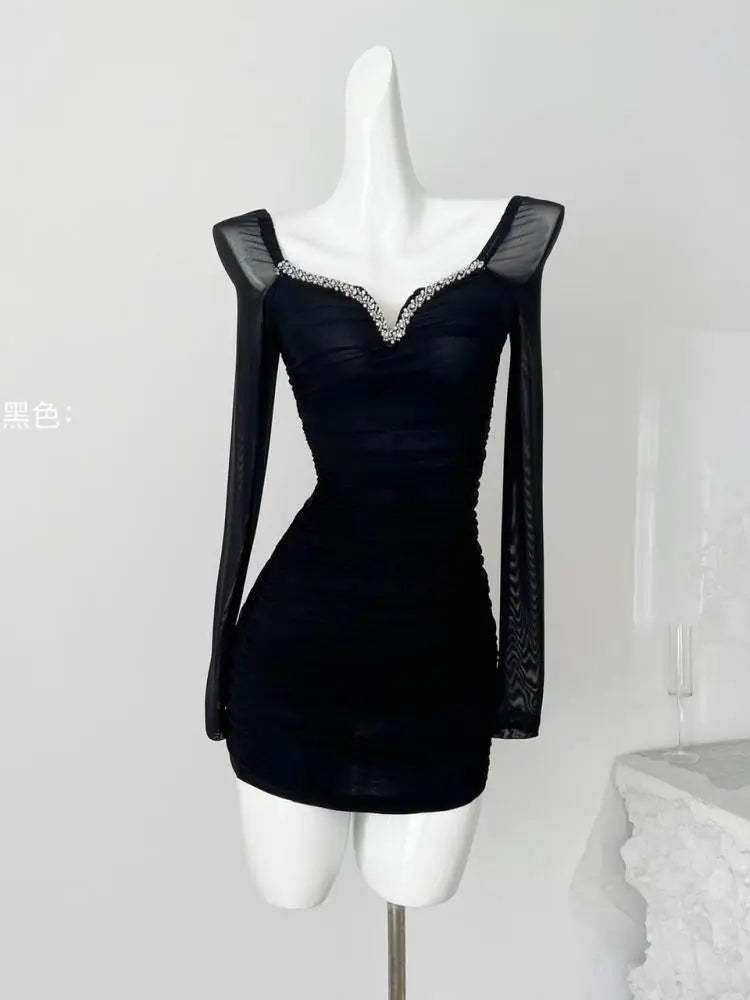 Autumn Vintage Fashion Black Mesh Square Neck Elegant Pleated Short Dress Women Brown Diamonds Long Sleeves Festival Party Dress