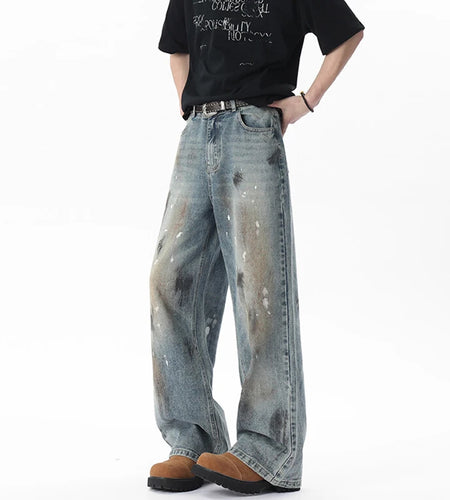 Men's Jeasn New American Style Soil Splashed Ink Spot Decoration Straight Leg Trendy Male Distressed Trousers 9W1804