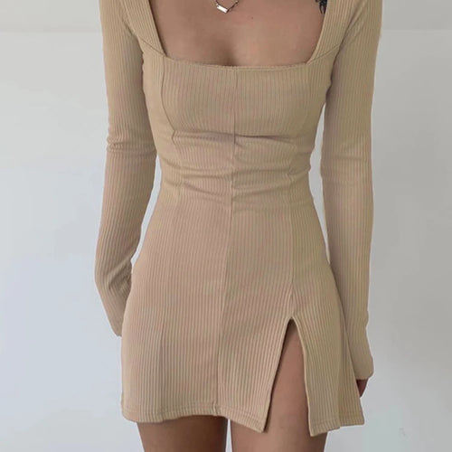 Load image into Gallery viewer, Elegant Square Neck Ribbed Black Dress Female Knitted Side Split Bodycon Dress Long Sleeve Fashion Mini Dresses Basic
