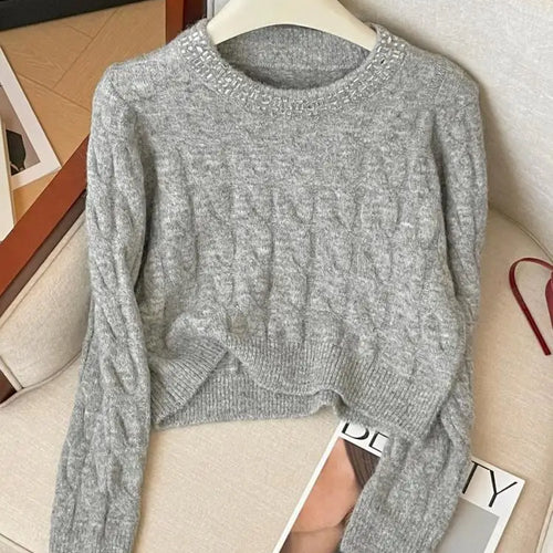 Load image into Gallery viewer, Autumn Winter Women Clothing Beige Pink Diamond Round Neck Short Pullover Sweater New Fashion Grey Long Sleeve Knitwear Top Chic
