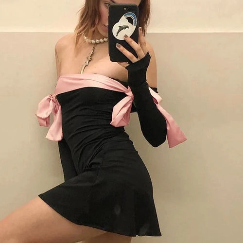 Load image into Gallery viewer, Pink Bow Tie Off Shoulder Short Dress Women Long Sleeve French Style Spring Dresses 2024 Coquette Y2k Clothes P85-CD24
