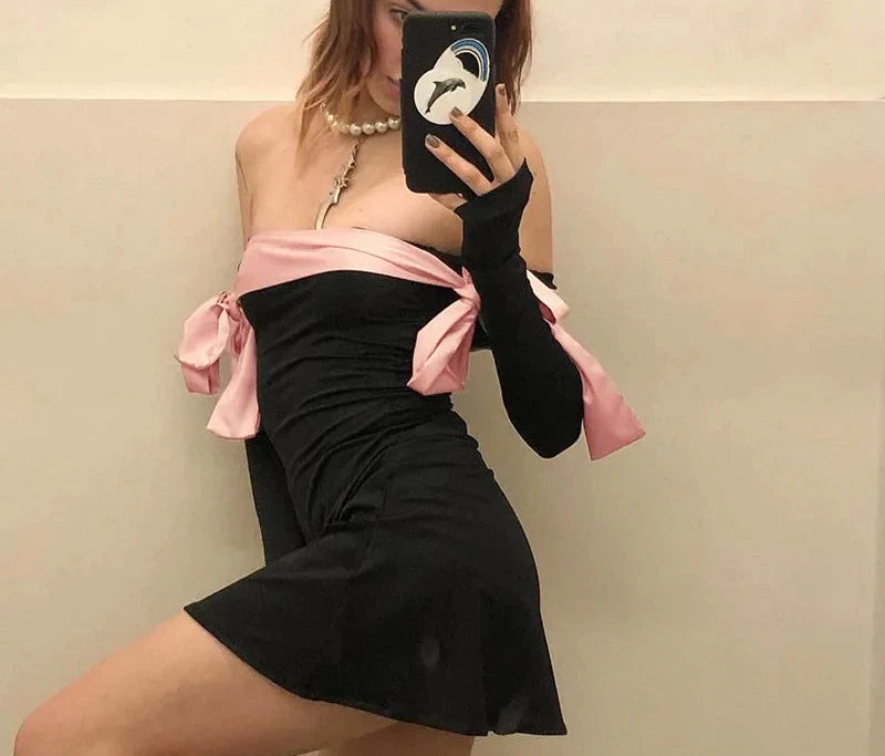 Pink Bow Tie Off Shoulder Short Dress Women Long Sleeve French Style Spring Dresses 2024 Coquette Y2k Clothes P85-CD24