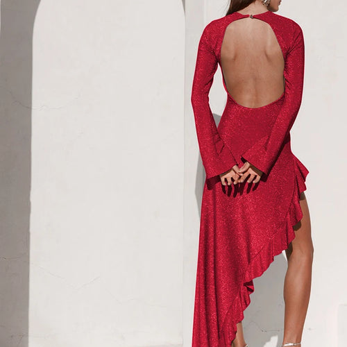 Load image into Gallery viewer, Glitter Thigh High Split Sexy Maxi Dress For Women Gown O Neck Long Sleeve Backless Ruffled Shiny Long Dress Gown
