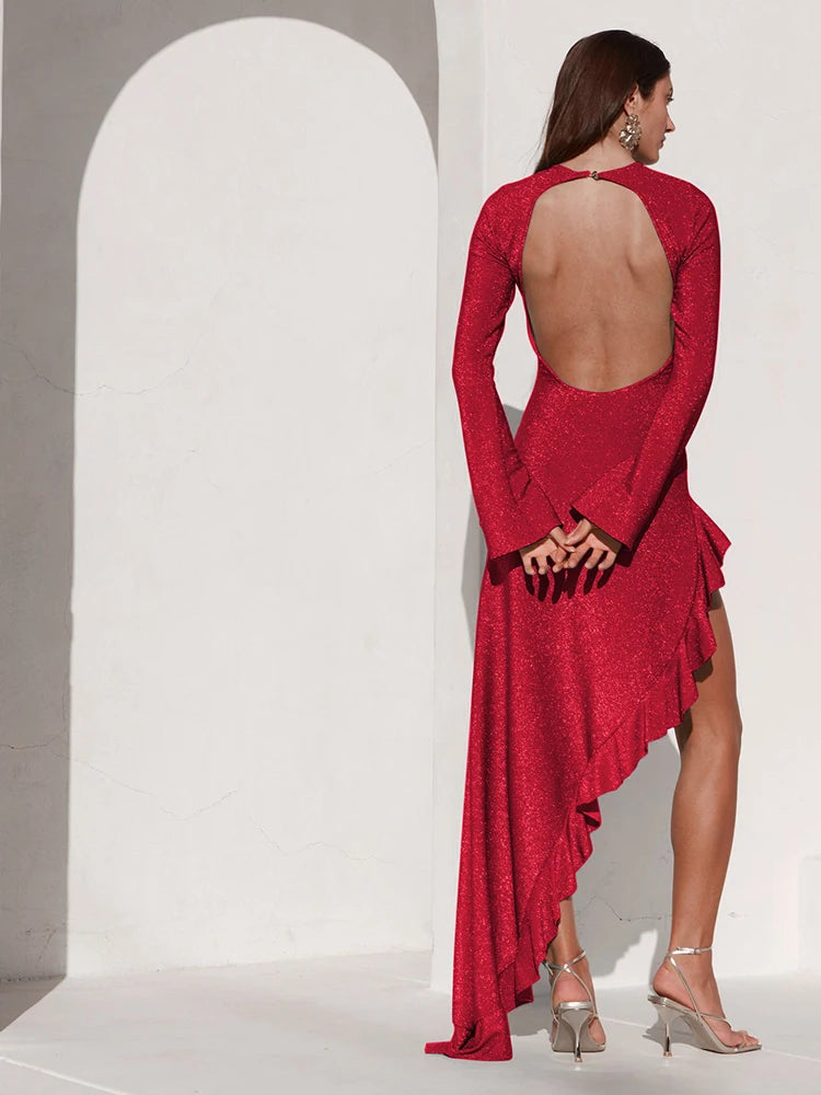 Glitter Thigh High Split Sexy Maxi Dress For Women Gown O Neck Long Sleeve Backless Ruffled Shiny Long Dress Gown