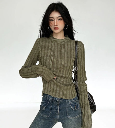 Women Y2k Aesthetic Slim Knitwear Sweet Sweaters 2025 Vintage Solid Streetwear Jumpers Screw Thread Grunge Harajuku Pullovers