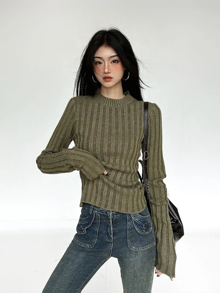 Women Y2k Aesthetic Slim Knitwear Sweet Sweaters 2025 Vintage Solid Streetwear Jumpers Screw Thread Grunge Harajuku Pullovers
