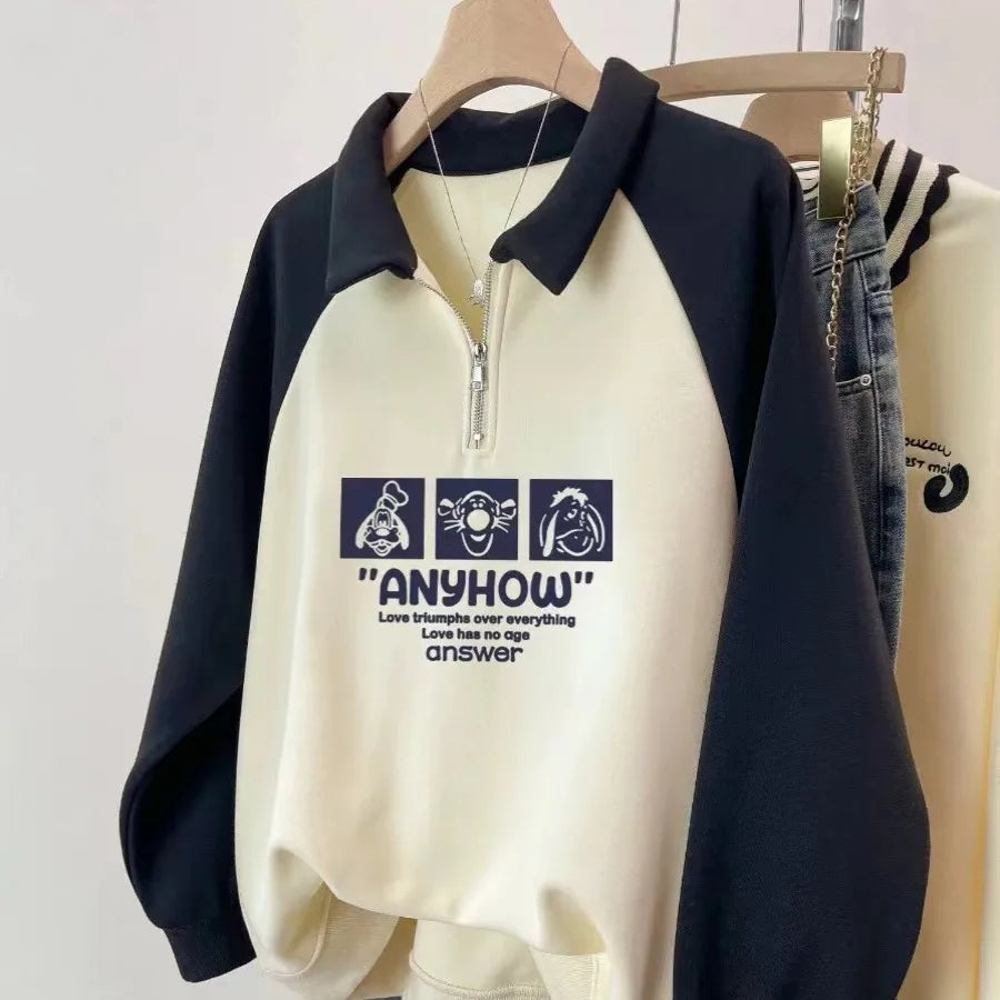 Korean 2024 Autumn Winter New Beige Patchwork Letter Print Zipper Sweatshirt Women Long Sleeve Loose Pullover Tops Casual Trendy