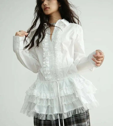 Women White Lace Ruffles Big Size Elegant Blouse New Lapel Long Sleeve Shirt Fashion Tide Spring Autumn 2025 1DH8274