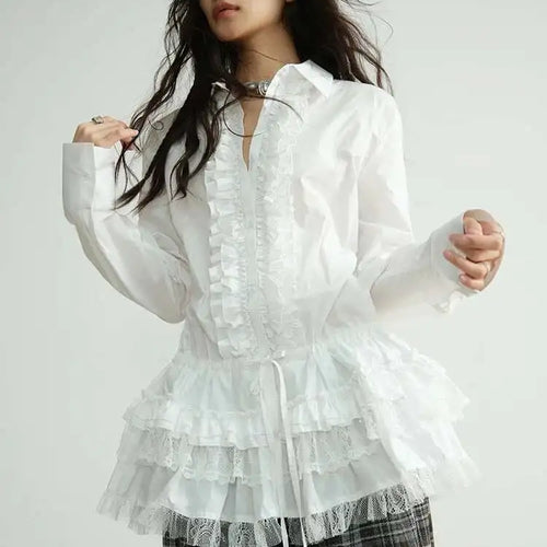 Load image into Gallery viewer, Women White Lace Ruffles Big Size Elegant Blouse New Lapel Long Sleeve Shirt Fashion Tide Spring Autumn 2025 1DH8274
