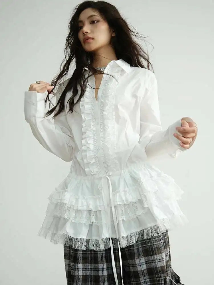 Women White Lace Ruffles Big Size Elegant Blouse New Lapel Long Sleeve Shirt Fashion Tide Spring Autumn 2025 1DH8274