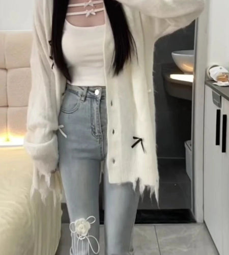 Loose Sweet Y2k Aesthetic Casual Cardigans Autumn Korean Fashion Bow Knitted Sweaters Hole Streetwear Women Grunge Coats 2025