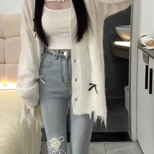 Load image into Gallery viewer, Loose Sweet Y2k Aesthetic Casual Cardigans Autumn Korean Fashion Bow Knitted Sweaters Hole Streetwear Women Grunge Coats 2025
