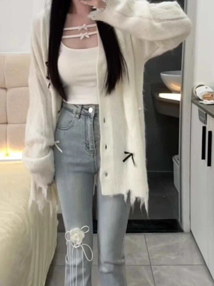 Loose Sweet Y2k Aesthetic Casual Cardigans Autumn Korean Fashion Bow Knitted Sweaters Hole Streetwear Women Grunge Coats 2025