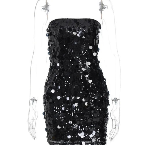 Load image into Gallery viewer, Sequins Strapless Backless Sexy Mini Dress For Women Robe Fashion Off-shoulder Sleeveless Sparkle Shiny Club Dress
