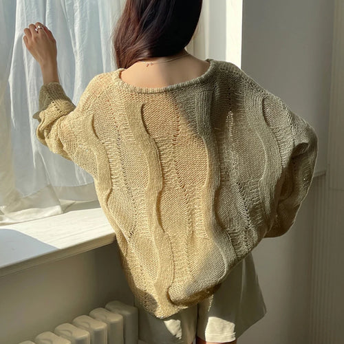 Load image into Gallery viewer, Beige Thin Big Size Hollow Out Sweater Round Neck Long Sleeve Women Pullovers New Fashion Tide Spring Autumn 2025 1DH9646
