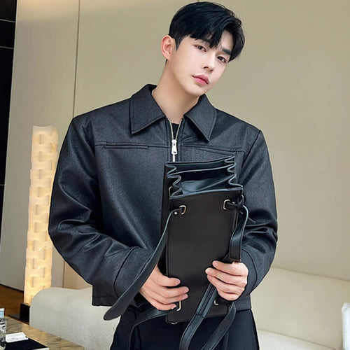 Load image into Gallery viewer, Solid Color Male Jackets Korean Fashion Turn-down Collar Patchwork Zipper Men&#39;s Short Coats Autumn New Trendy 2024 9C4451
