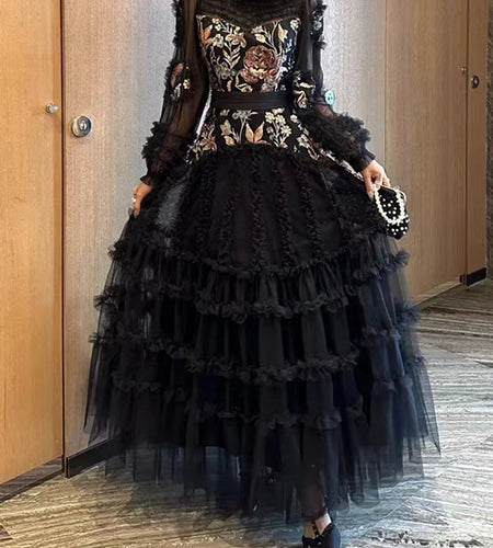 Hit Color Printing Spliced Fungus Folds American Retro Dresses for Women O Neck Long Sleeves Tunic Dress Female New