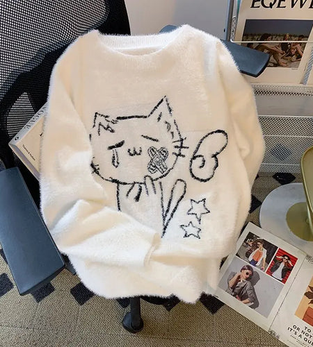 Vintage Preppy Kawaii Cartoon Jacquard Pullovers Sweet Harajuku Loose Grunge Jumpers Y2k Aesthetic Women White Knitted Sweaters