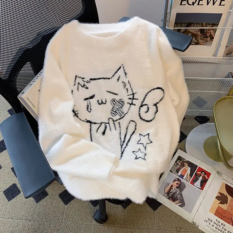 Vintage Preppy Kawaii Cartoon Jacquard Pullovers Sweet Harajuku Loose Grunge Jumpers Y2k Aesthetic Women White Knitted Sweaters