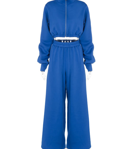 Fall Fashion 2 Pcs Sets Matching Color Long Sleeve Zipper Crop Top Falre Sweatpants Outfits Streetwear Work Out