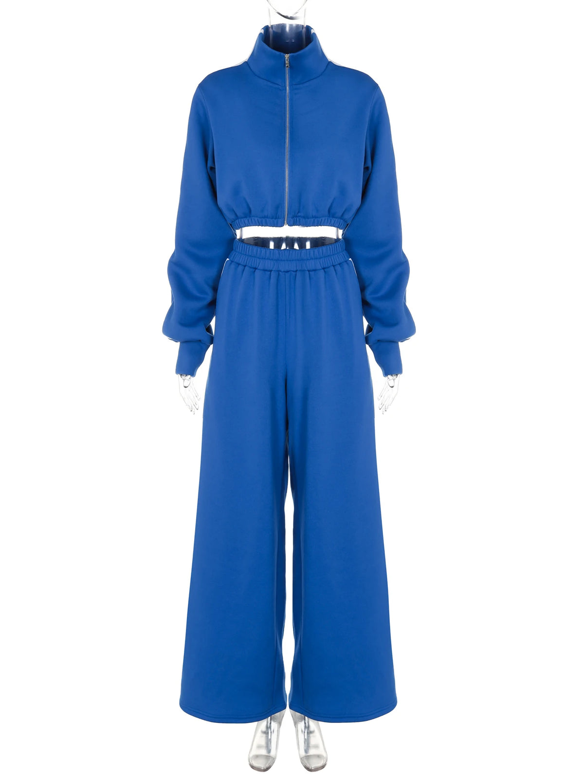 Fall Fashion 2 Pcs Sets Matching Color Long Sleeve Zipper Crop Top Falre Sweatpants Outfits Streetwear Work Out