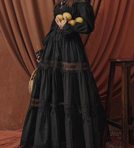 Black Vintage Dress For Women V Neck Lantern Sleeve High Waist Lace Trim Hem Cut Out Solid Long Dresses Female Clothing 2022