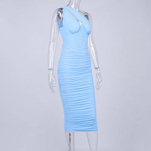 Load image into Gallery viewer, High Quality Mesh One Shoulder Backless Midi Dress For Women Fashion Hollow Out Sleeveless Ruched Long Dress Vestido
