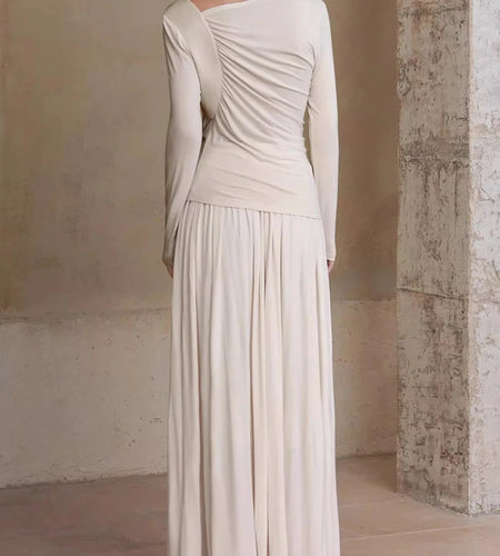 Solid Spliced Folds Casual Two Piece Sets for Women Diagonal Collar Long Sleeves T Shirt High Wasit Skirt Set Female