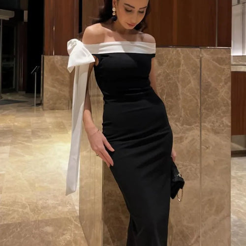 Load image into Gallery viewer, Sleeveless Ribbon Off-shoulder Solid Sexy Autumn Winter Maxi Dress For Women High Waist Bow Bodycon Party Long Dress
