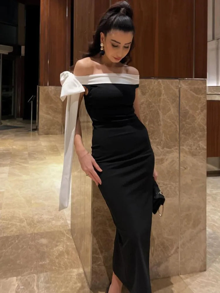 Sleeveless Ribbon Off-shoulder Solid Sexy Autumn Winter Maxi Dress For Women High Waist Bow Bodycon Party Long Dress