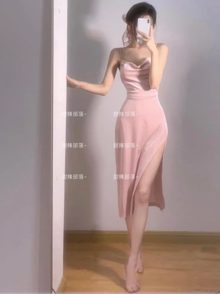 Y2k Pink Sexy Slip Dress Bodycon Spaghetti Strap Night Club Party Midi Dresses Summer Sundress Korean Fashion Kpop