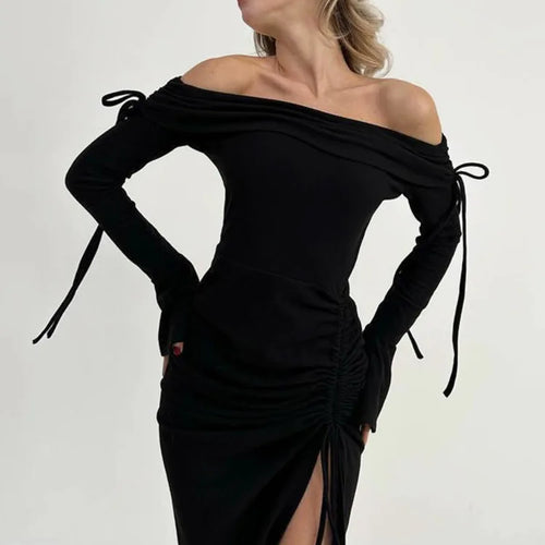 Load image into Gallery viewer, Fashion Long Sleeve High Elasticity Tight Split Lace Dress For Women 2025 Sexy Single Shoulder Spliced Drawstring  Dress
