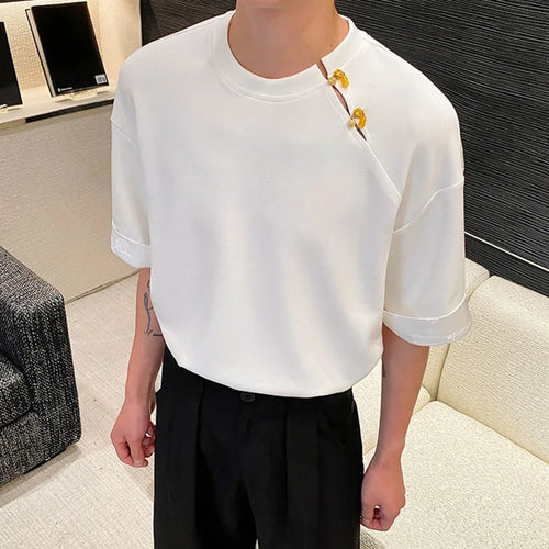 Load image into Gallery viewer, T-shirt Men&#39;s Summer Chinese Style Jacquard Cuff O-neck Tees Loose Solid Color Senior Sense Chic Top Men 9C5815
