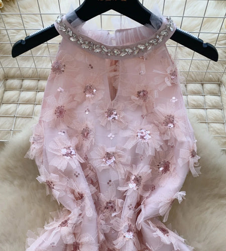 French Retro Women Pink Sequin Diamonds Elegant Hollow Out Halter Short Dress Summer Sleeveless Evening Party Dress Popular Chic