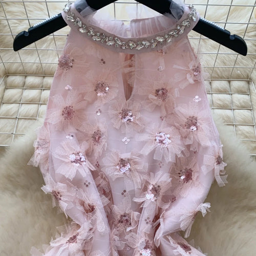 Load image into Gallery viewer, French Retro Women Pink Sequin Diamonds Elegant Hollow Out Halter Short Dress Summer Sleeveless Evening Party Dress Popular Chic
