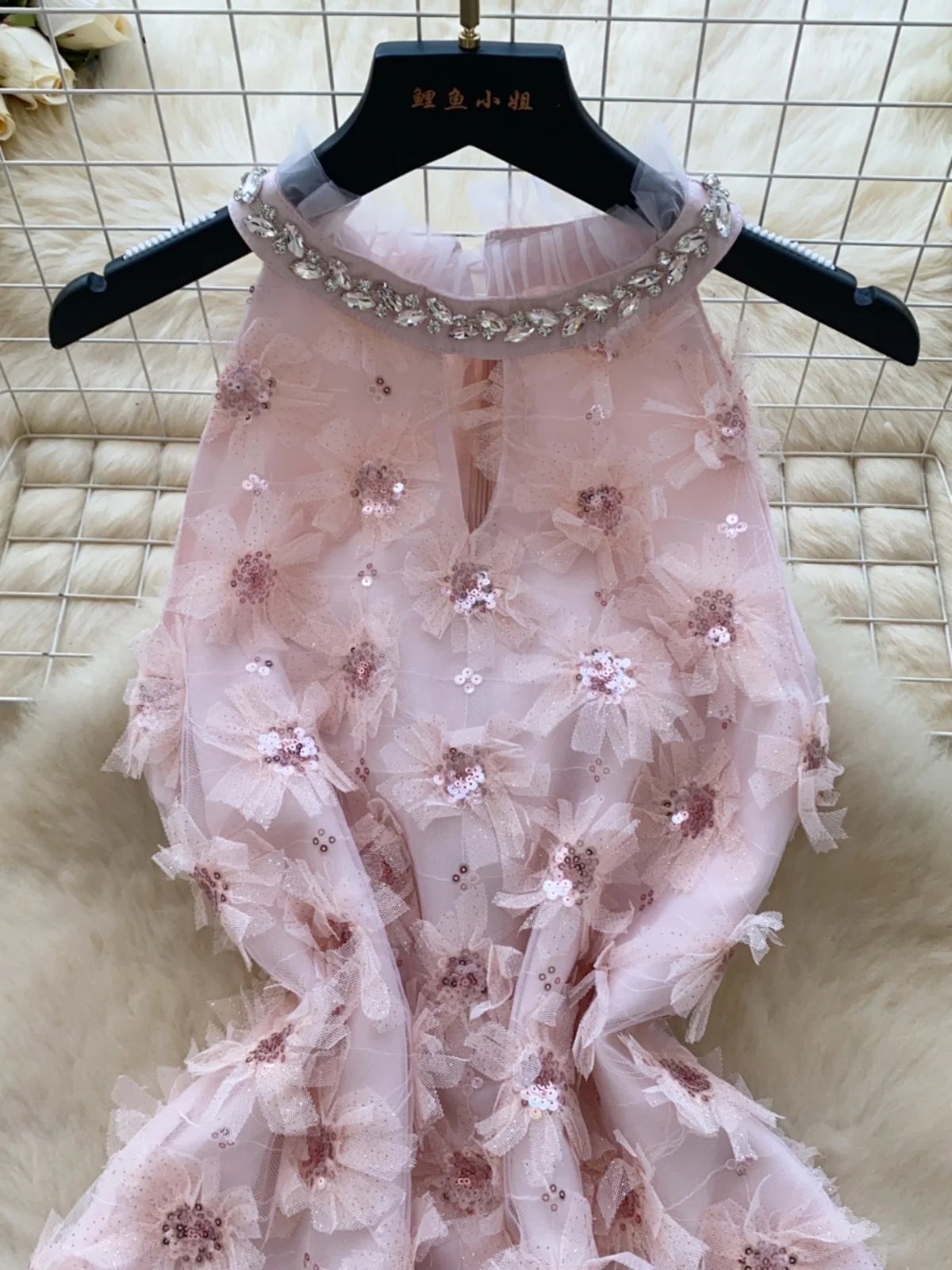 French Retro Women Pink Sequin Diamonds Elegant Hollow Out Halter Short Dress Summer Sleeveless Evening Party Dress Popular Chic