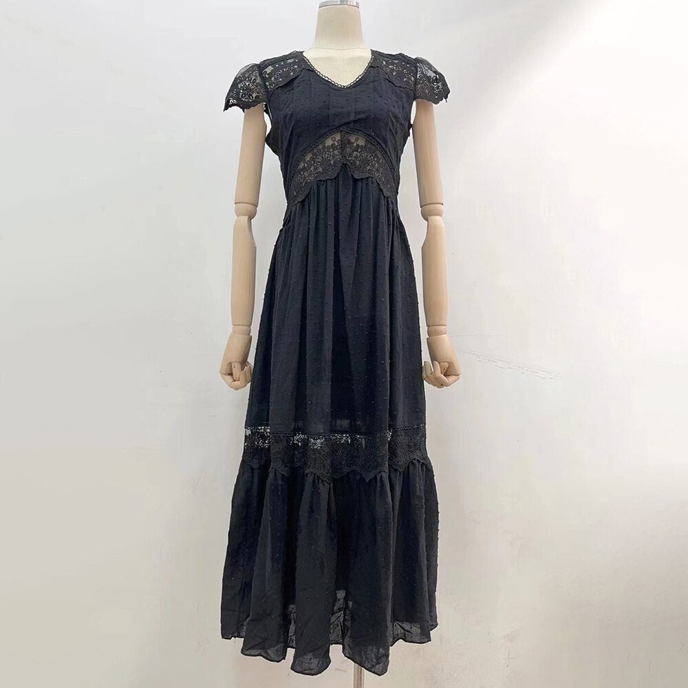 Sexy Lace Panel Dress For Women Short Sleeve High Waist Cut Out Solid Midi Dresses Female Summer Clothing Fashion