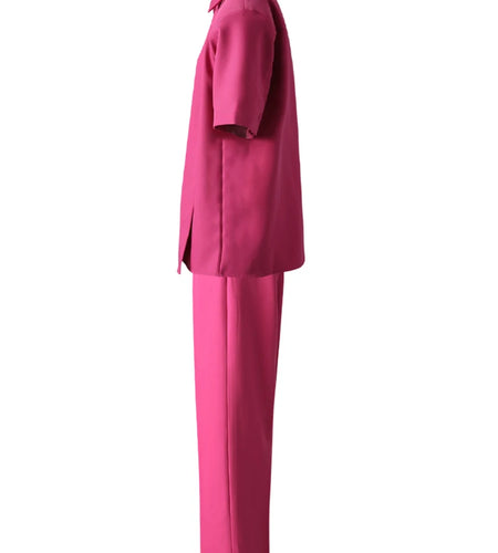 Big Size Rose Red Shirt Wide Leg Pants Two Piece Suit New Lapel Short Sleeve Women Fashion Tide Spring Summer 2025 CPG3119