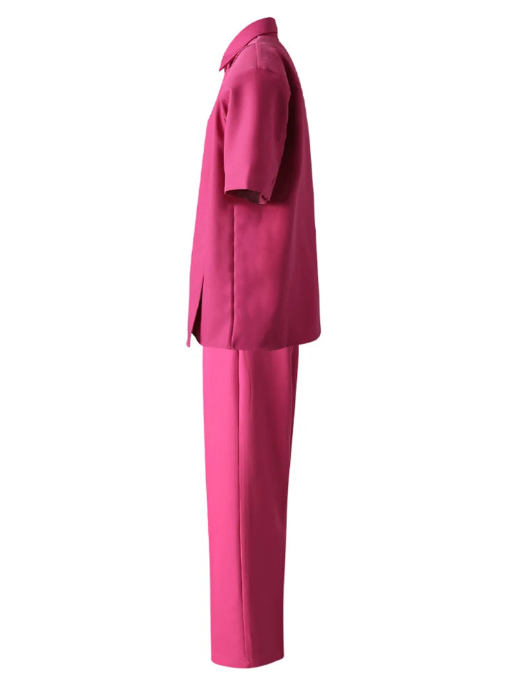 Big Size Rose Red Shirt Wide Leg Pants Two Piece Suit New Lapel Short Sleeve Women Fashion Tide Spring Summer 2025 CPG3119