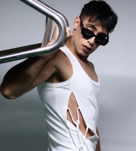 Men Vest Spring Summer New Split Lace Up Trendy Square Neck Shoulder Male Knitted Elastic Personalized Top 9C5085