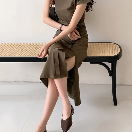 Load image into Gallery viewer, Slim Waist Spilt Hollow Women&#39;s Dresses French Style Chic Solid Color Pleated Fashion Female Dress Summer O-neck Dresses
