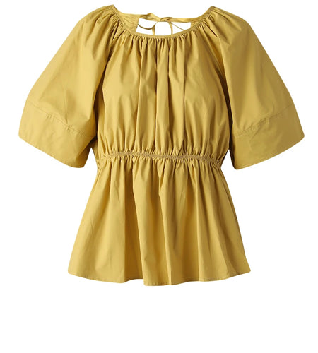 Women Yellow Backless Bandage Big Size Blouse New Round Neck Short Sleeve Shirt Fashion Tide Spring Summer 2025 CPG3248