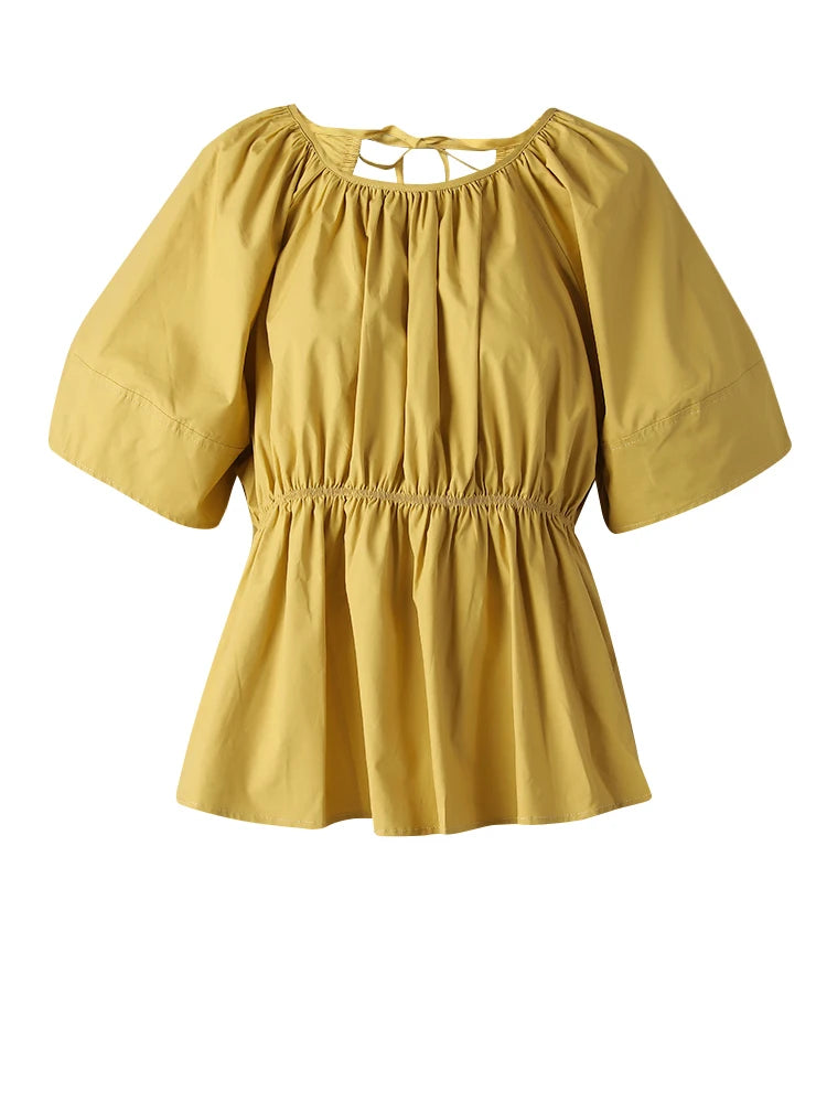 Women Yellow Backless Bandage Big Size Blouse New Round Neck Short Sleeve Shirt Fashion Tide Spring Summer 2025 CPG3248