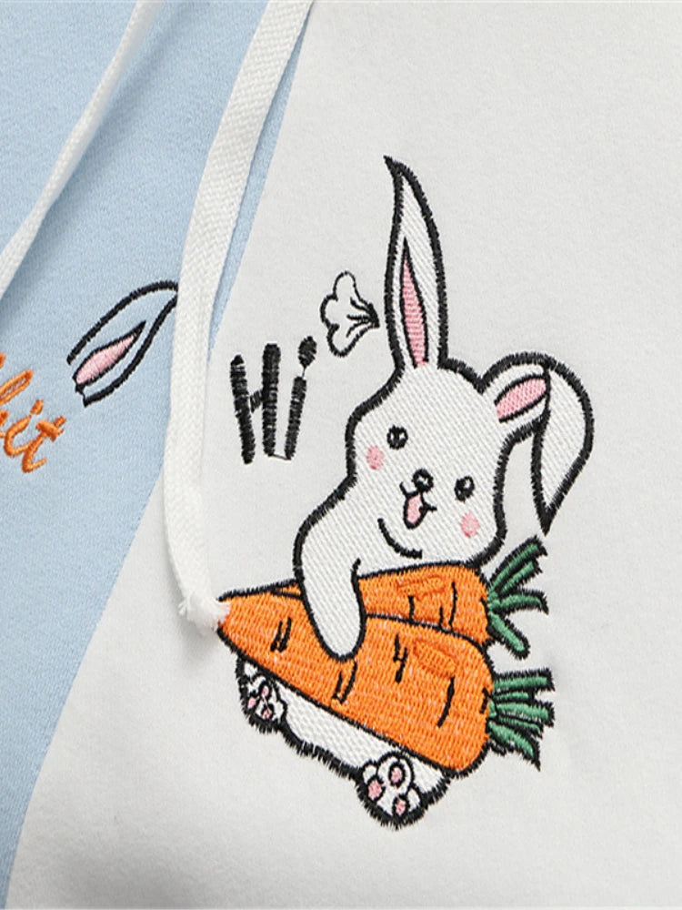 Cartoon Rabbit Embroidery Patchwork Women Hooded Sweatshirts 2023 Autumn Long Sleeve Pocket Kawaii Cute Hoodies Sweet Pullover