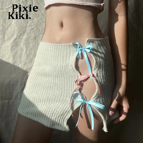 Load image into Gallery viewer, Japanese Y2k Coquette White Knitted Mini Skirt Bow Tie Hollow Irregular Skirts for Woman Cute Kawaii Clothes P85-BB10
