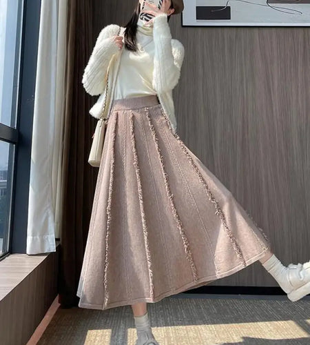 Korean Fashion Black White Tassel Elegant Skirts Women Autumn Winter New Khaki Twists Slim High Waist Knitted Pleated Long Skirt