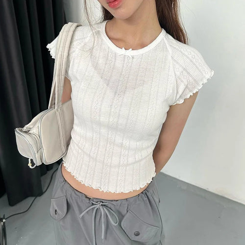 Load image into Gallery viewer, Causal White Knitted Slim Women T shirt Frills Basic Crop Top Short Sleeve Korean Fashion Cute Thin Summer Tee Shirts
